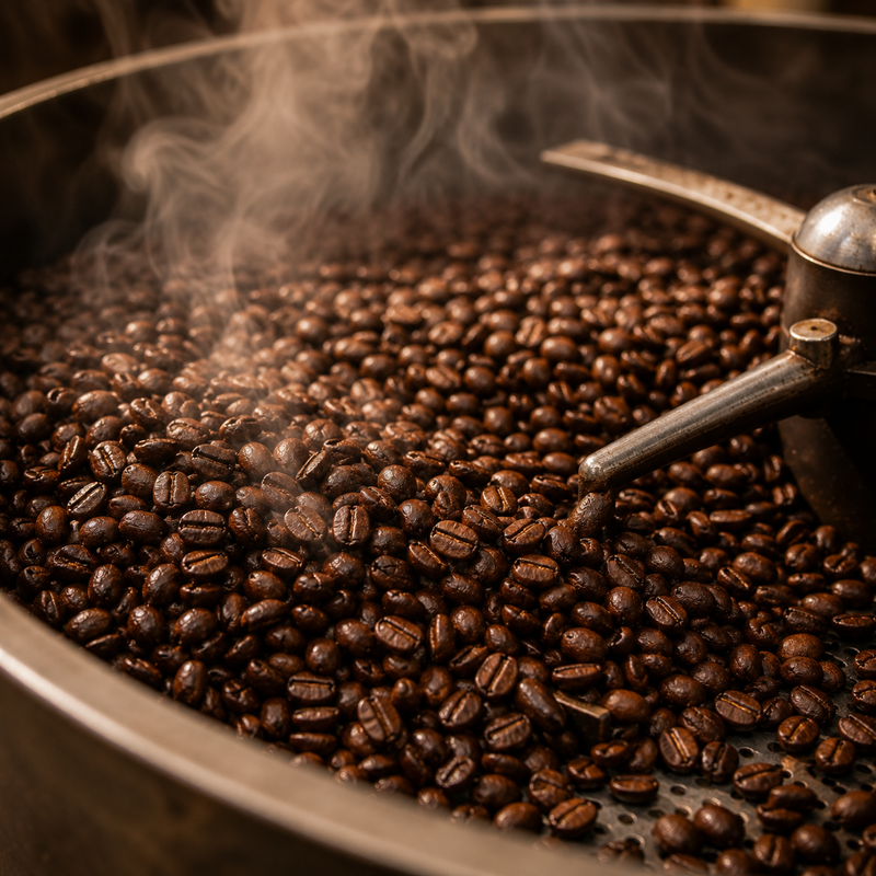 Freshly roasted coffee beans in a small batch drum roaster