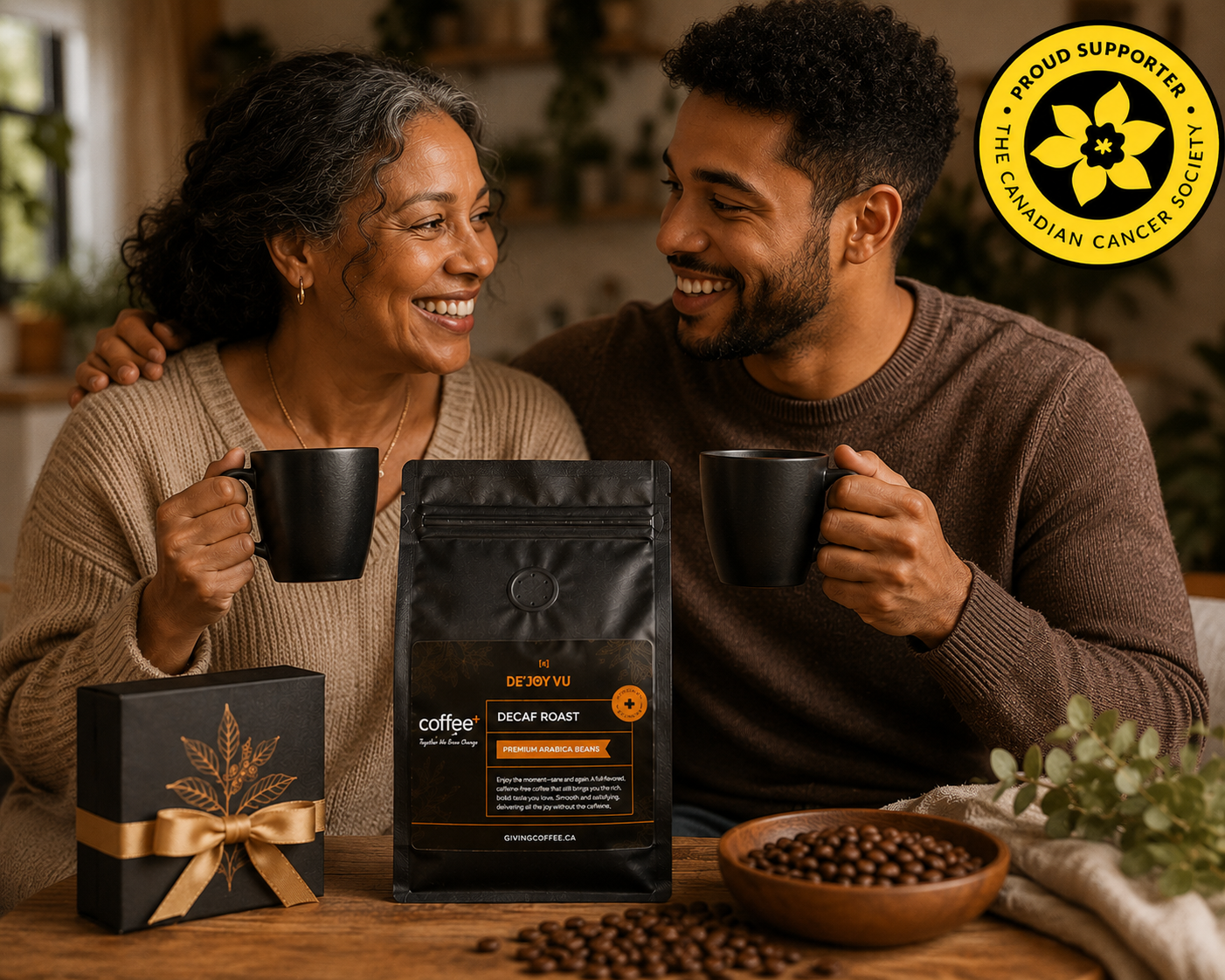 Two people sharing Coffee+ coffee, with the Canadian Cancer Society Proud Supporter badge
