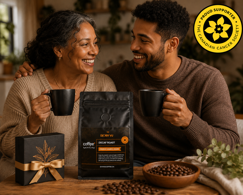 Two people sharing Coffee+ coffee, with the Canadian Cancer Society Proud Supporter badge