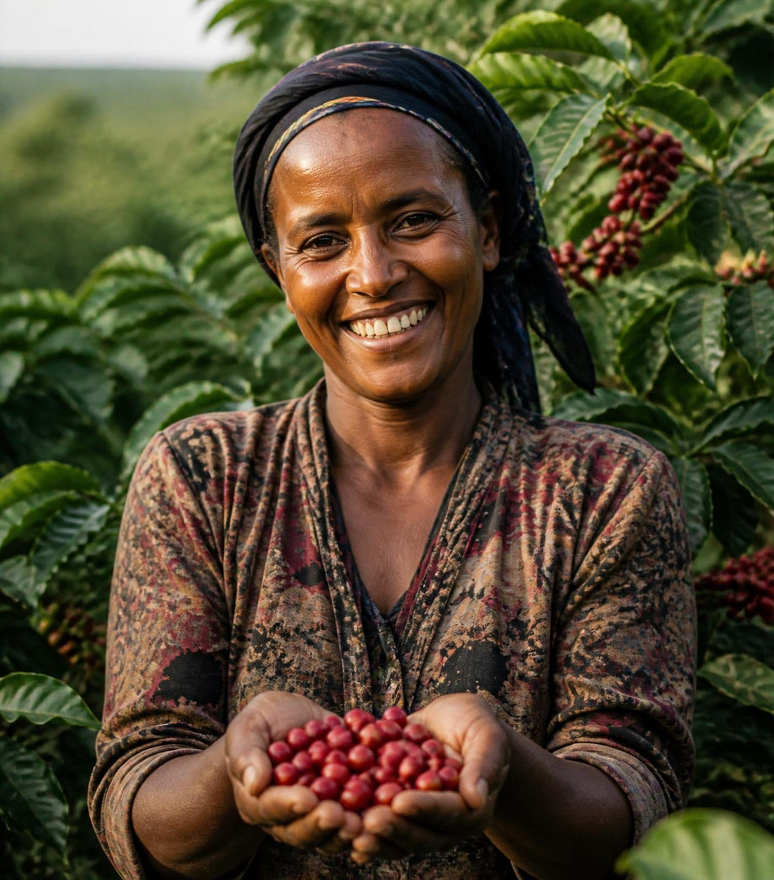 Ethiopian coffee farmer hand-picking ripe red coffee cherries