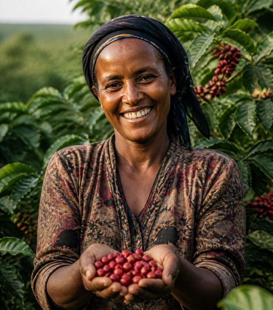 Ethiopian coffee farmer hand-picking ripe red coffee cherries