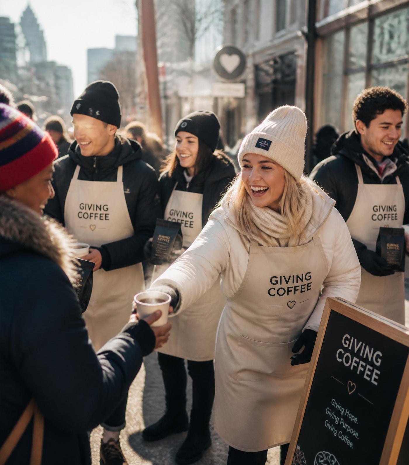 COFFEE+ volunteers in branded aprons serving coffee at a community fundraising event