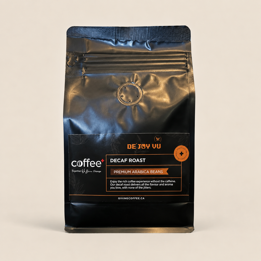 De Joy Vu decaf roast Ethiopian Arabica coffee bag on a beige background - COFFEE+