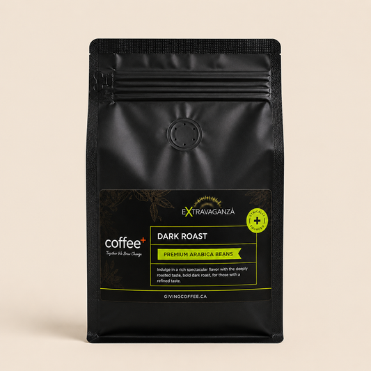 A black stand-up coffee bag labeled Extravaganza Dark Roast Premium Arabica Beans, photographed against a plain warm beige background.
