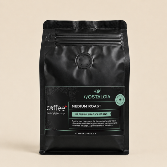Nostalgia medium roast Ethiopian Arabica coffee bag on a beige background - COFFEE+