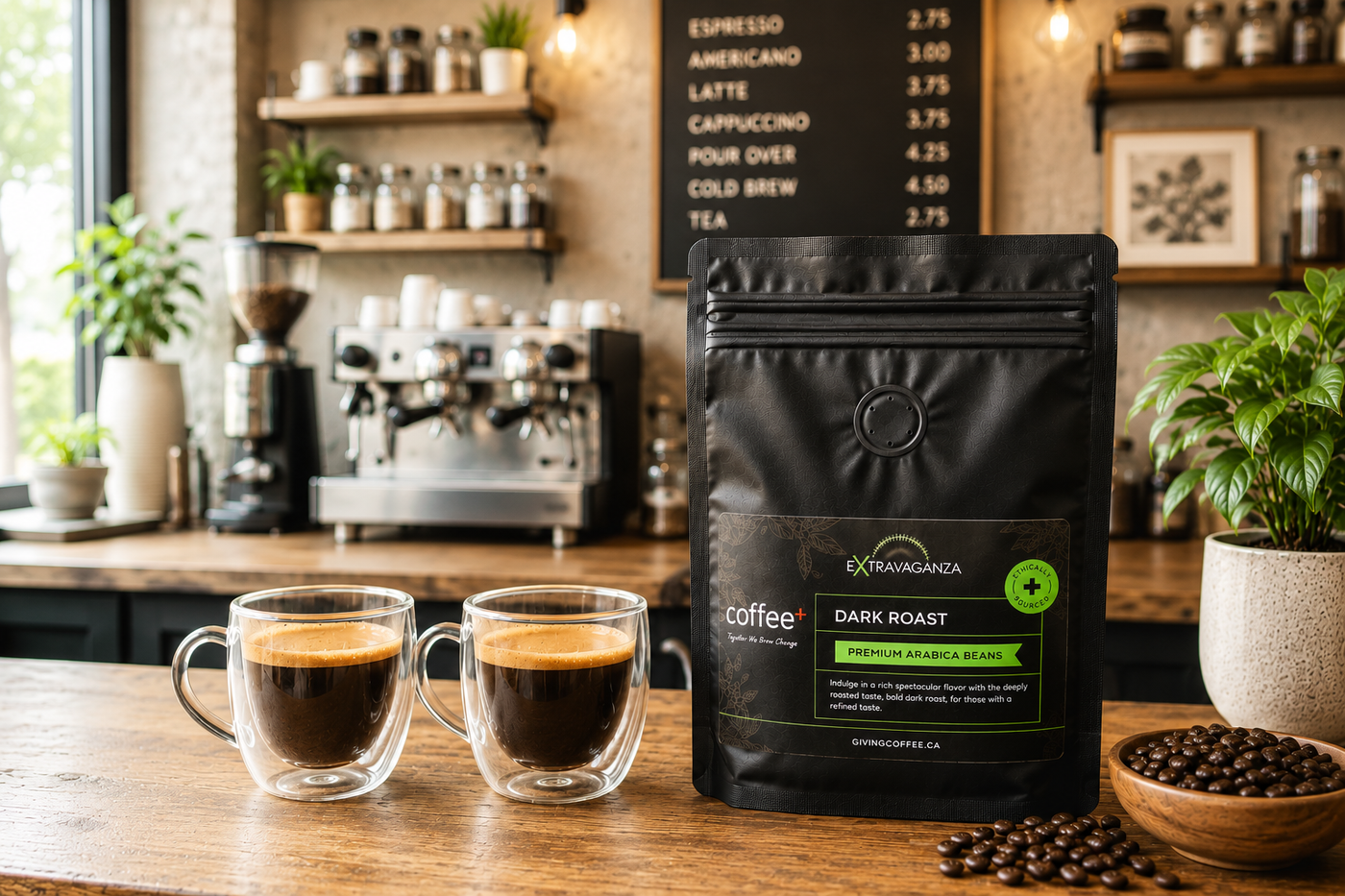 A bag of COFFEE+ Extravaganza Ethiopian coffee on a café counter beside a freshly poured cup